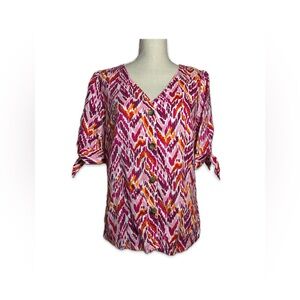 Emily Daniel’s Pink/Red/Orange Blouse Women’s Size L Button Down Linen Blend